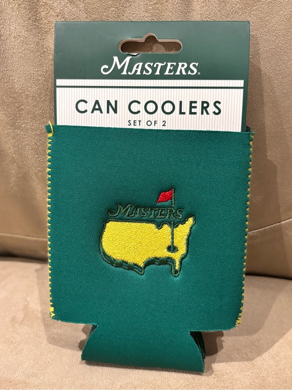 Masters Green Can Cooler with Yellow Map & Red Flag - Set of 2